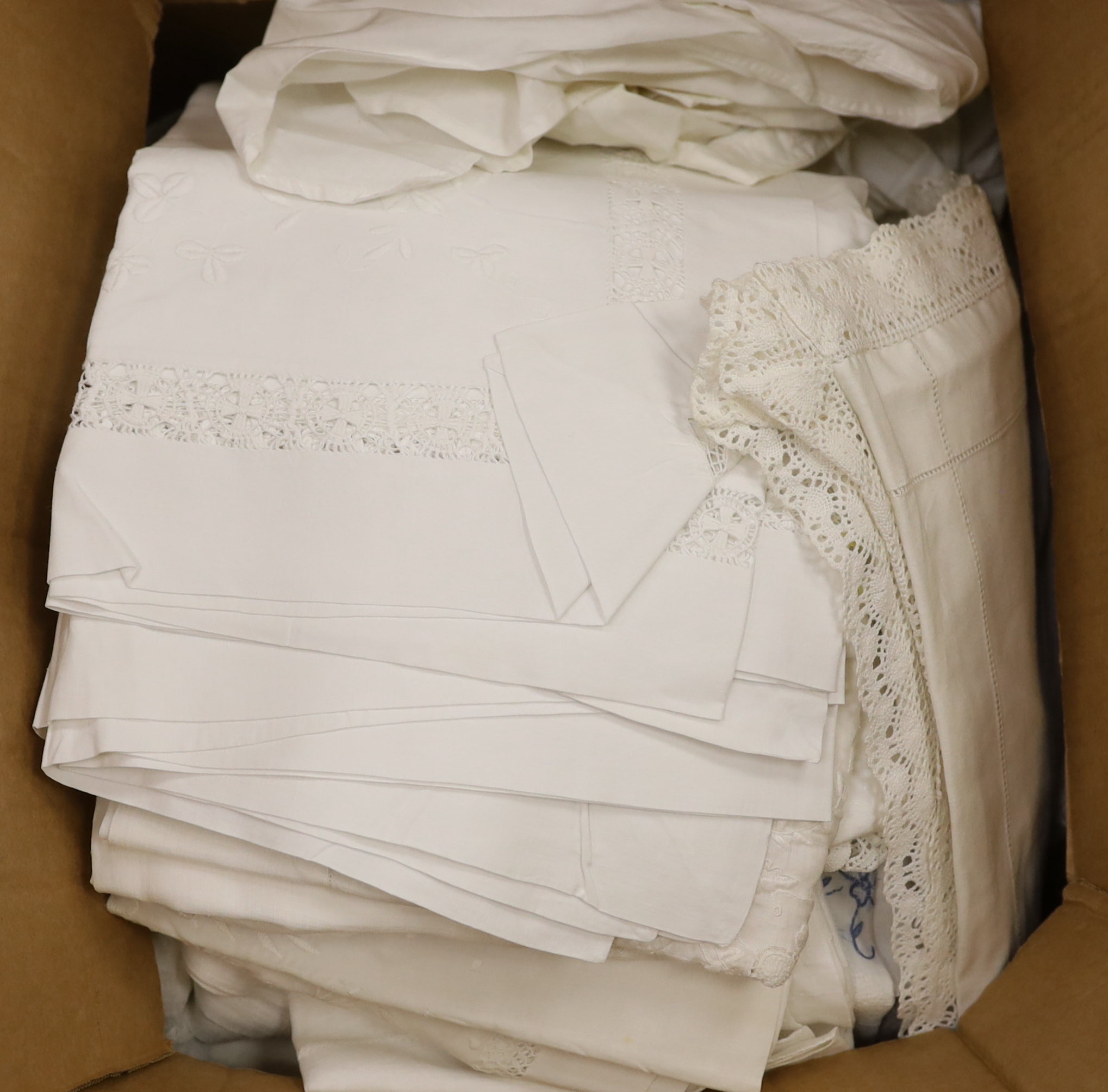 A quantity of embroidered crochet edged table cloths, runners, damask towels and napkins, and a Victorian style gentleman's bed shirt, etc.